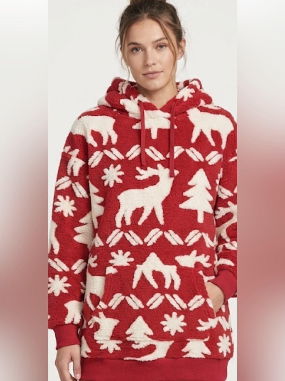 Vera Bradley Reindeer Intarsia Jacquard Fleece Sherpa Hoodie Red White Sz M